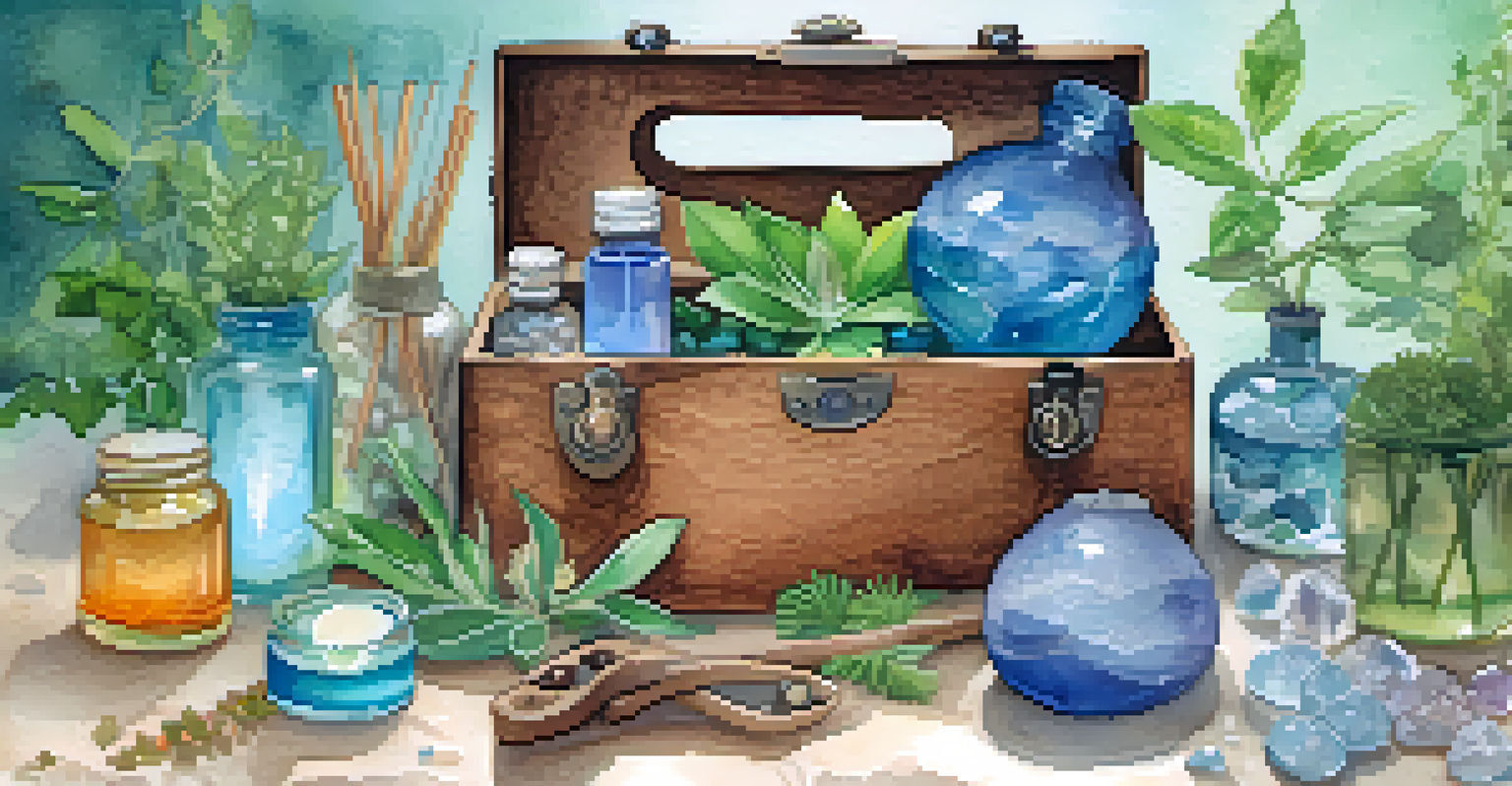 A holistic wellness toolbox filled with natural remedies and a glowing Reiki symbol, set against a soft watercolor background.