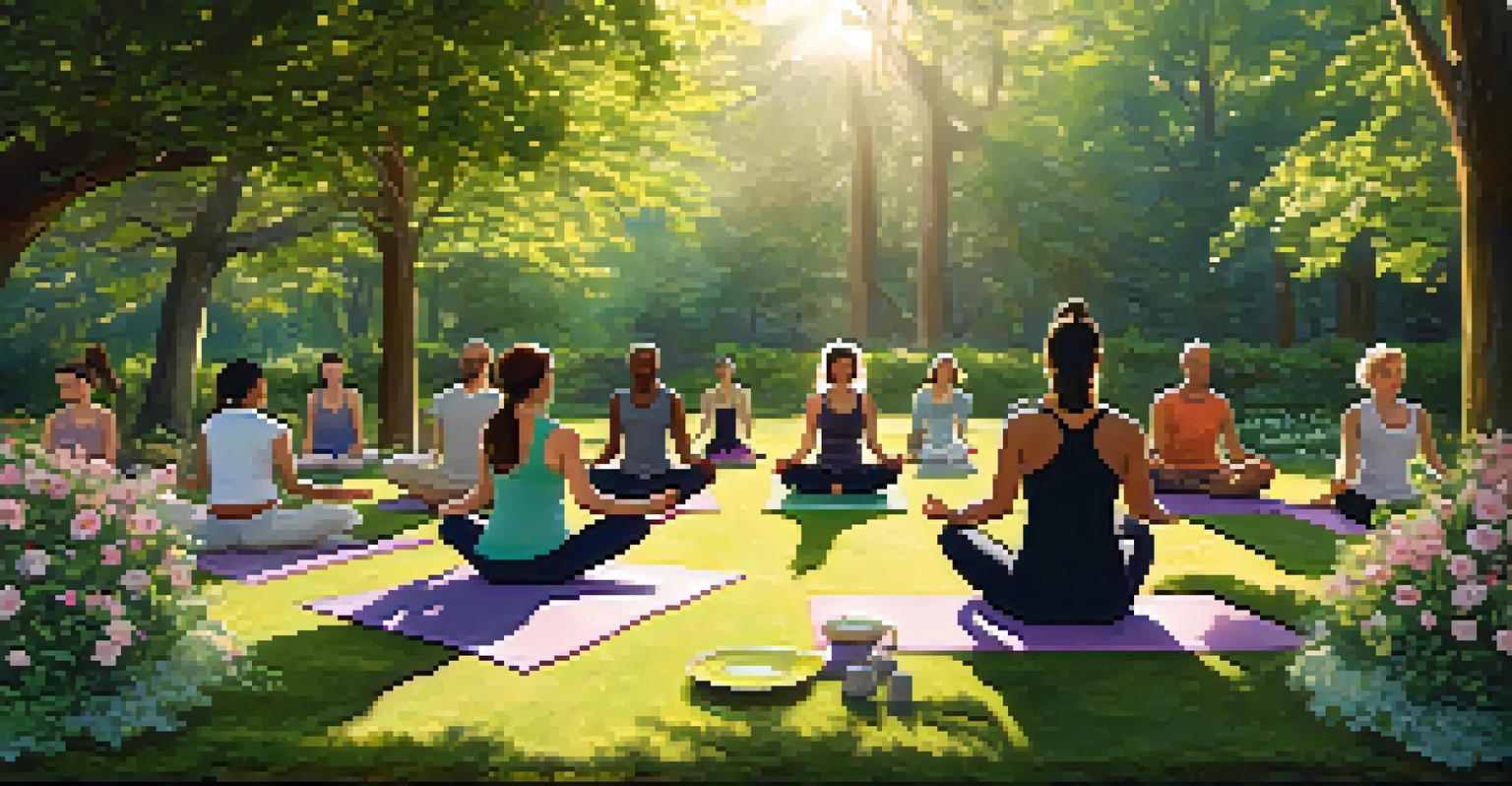 A diverse group practicing yoga in a peaceful garden, surrounded by flowers and greenery, promoting mind-body wellness.