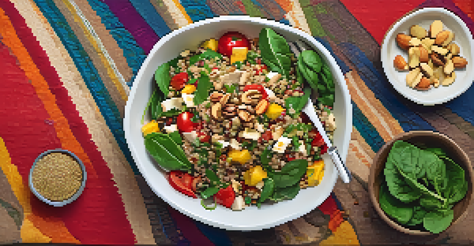 A colorful salad with quinoa, spinach, grilled chicken, and vegetables viewed from above.