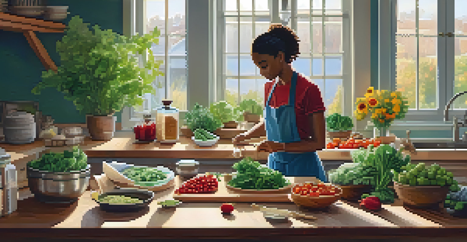 A warm kitchen where a person is preparing a nutritious meal with fresh ingredients, emphasizing the importance of healthy eating.