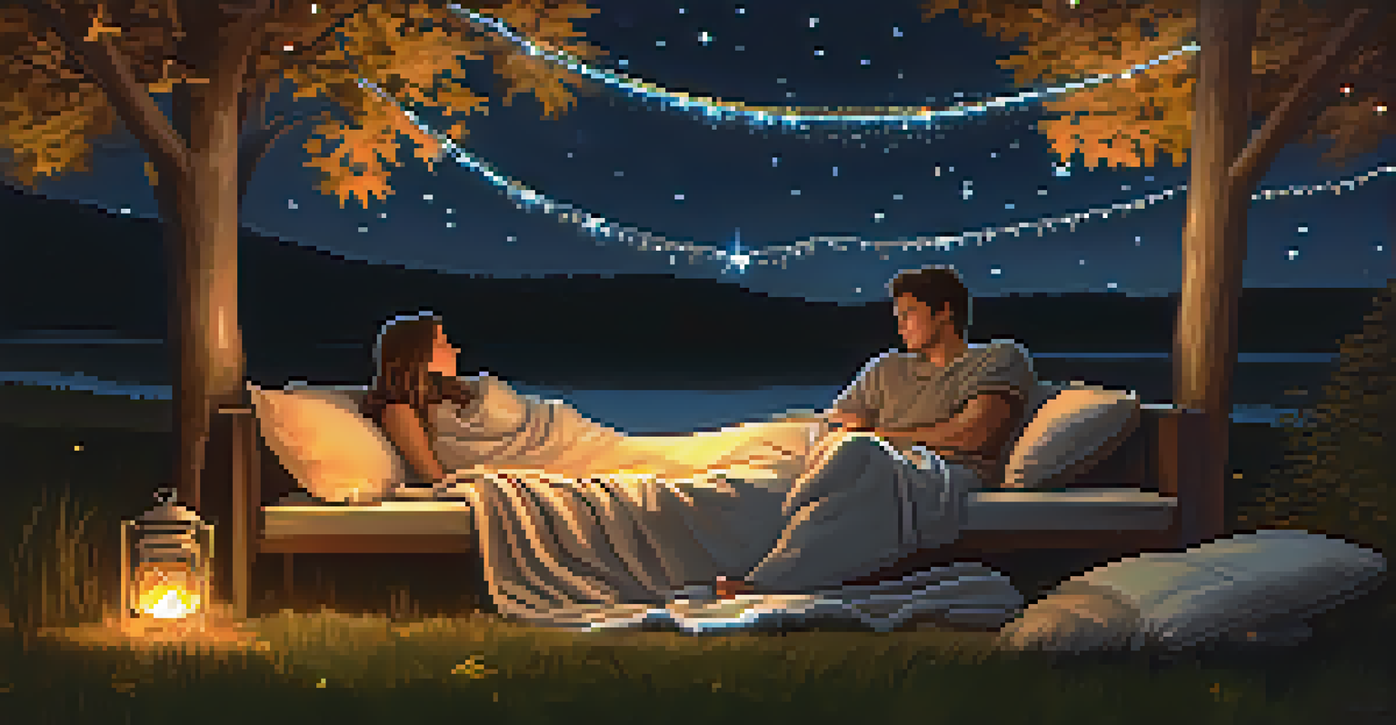 A cozy outdoor night scene with a blanket and pillows under a starry sky.