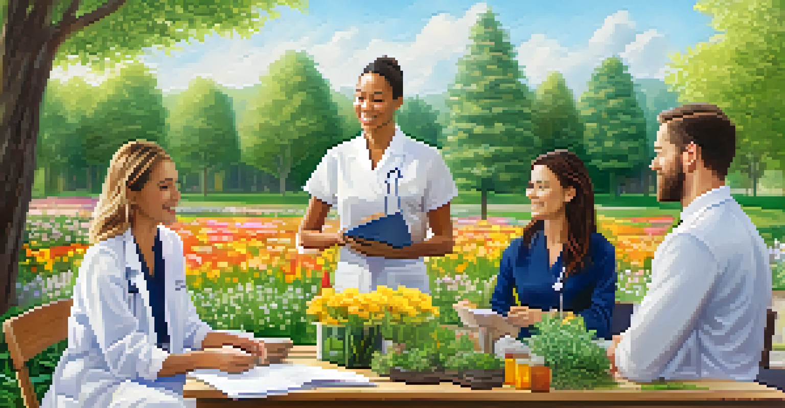 A diverse group of healthcare practitioners, including a naturopath and a doctor, collaborating outdoors in a sunny park surrounded by flowers.
