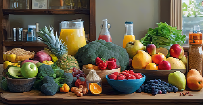 A colorful array of whole foods including fruits, vegetables, grains, and proteins displayed on a wooden table with a glass of water in the background.