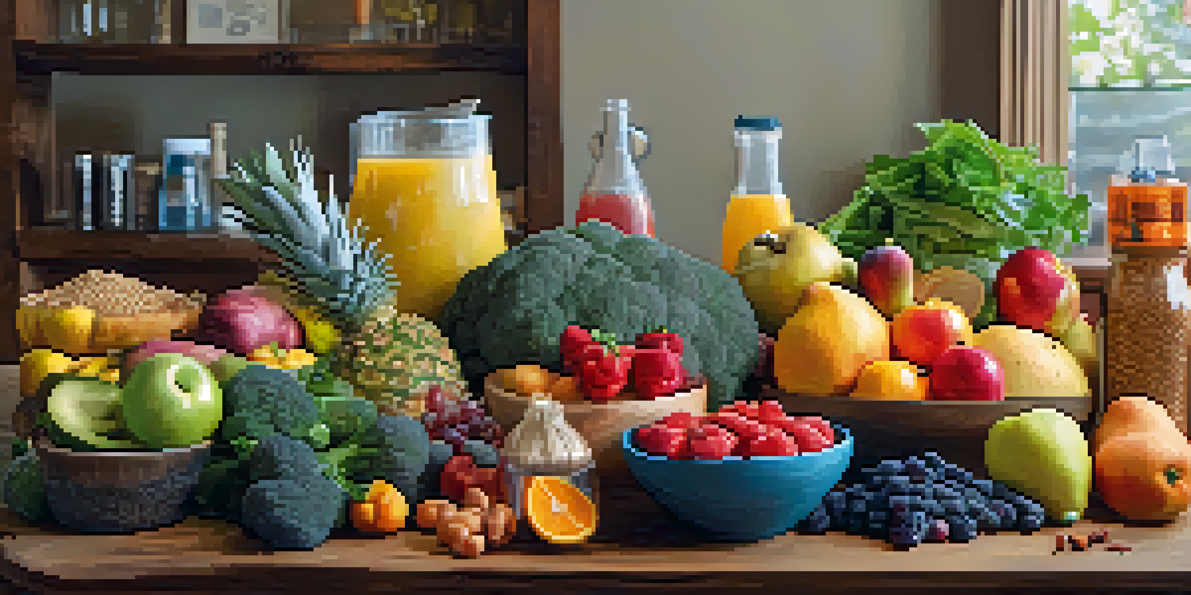 A colorful array of whole foods including fruits, vegetables, grains, and proteins displayed on a wooden table with a glass of water in the background.