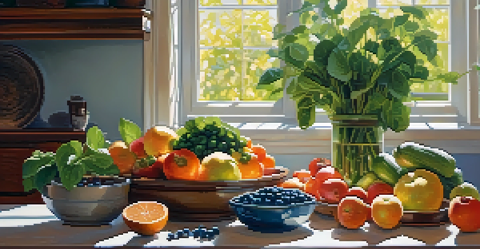 A bright kitchen with a wooden table displaying fresh fruits and vegetables, illuminated by sunlight.