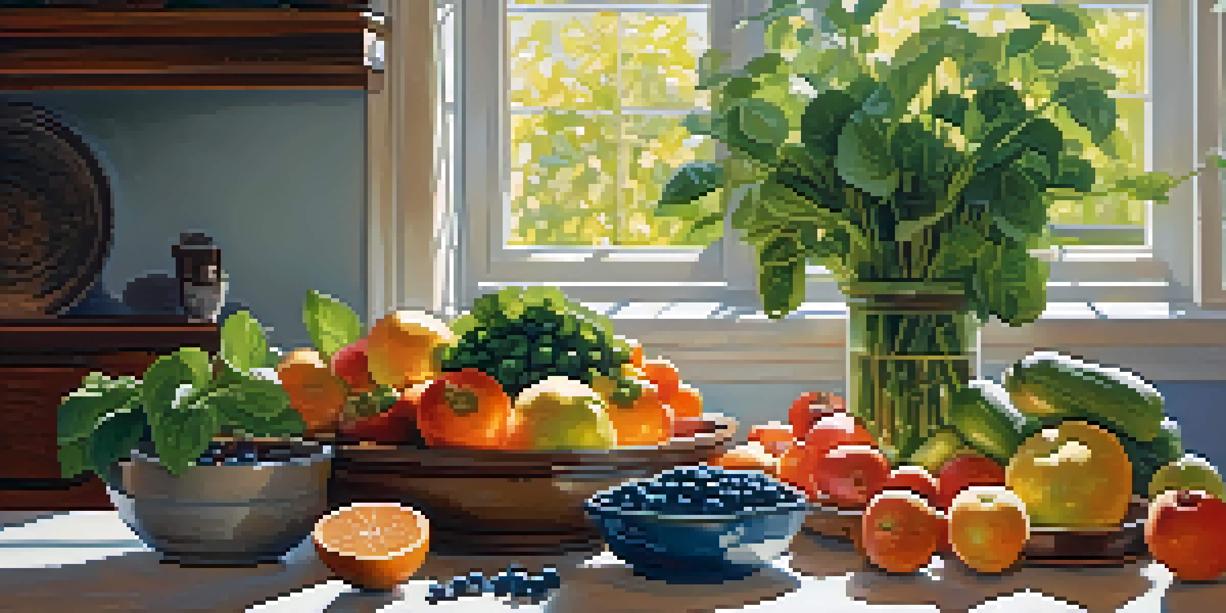 A bright kitchen with a wooden table displaying fresh fruits and vegetables, illuminated by sunlight.