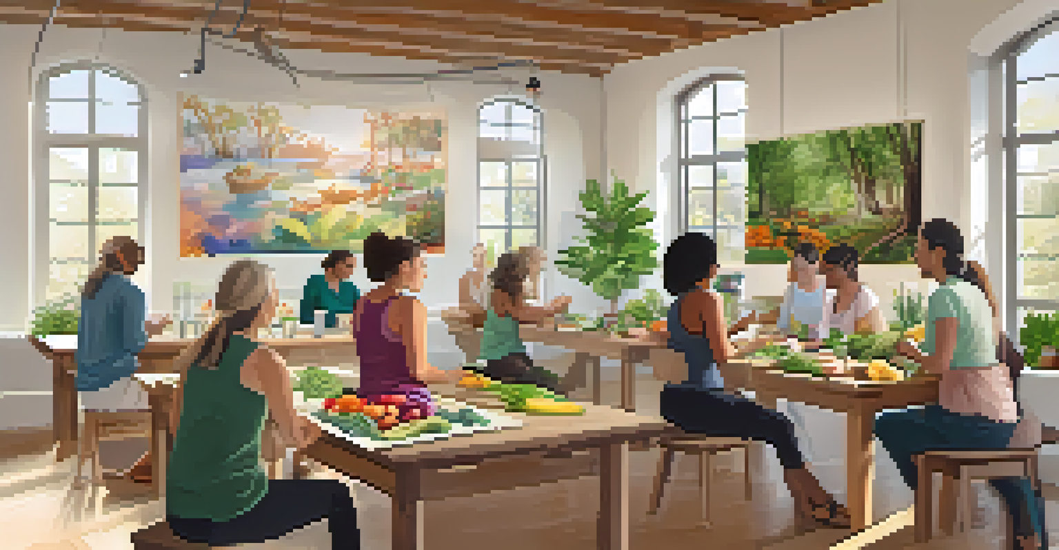 A group of individuals attentively participating in a nutrition workshop, with a practitioner demonstrating healthy meal preparation in a bright and inviting space.