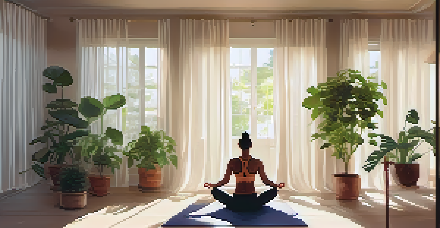A person practicing yoga in a sunlit room filled with plants, creating a calm and peaceful atmosphere.