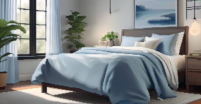 A cozy bedroom with soft lighting, a neatly made bed, and calming decor, designed for relaxation.