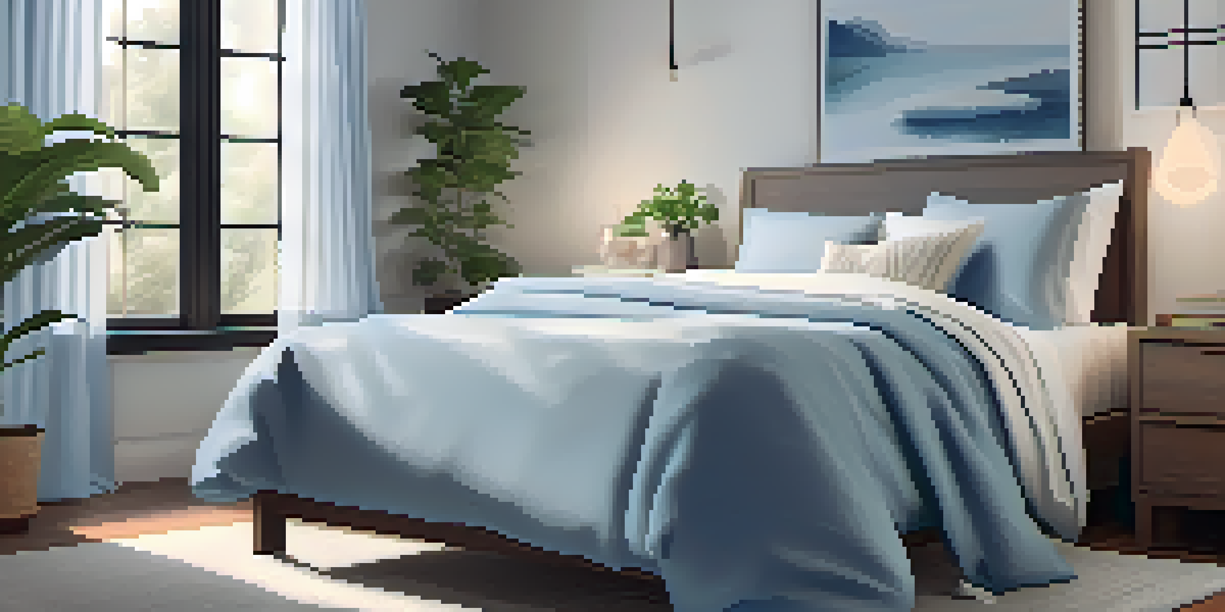 A cozy bedroom with soft lighting, a neatly made bed, and calming decor, designed for relaxation.