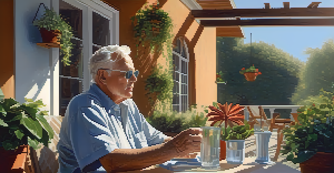 An older adult enjoying a drink on a sunny patio surrounded by colorful plants.