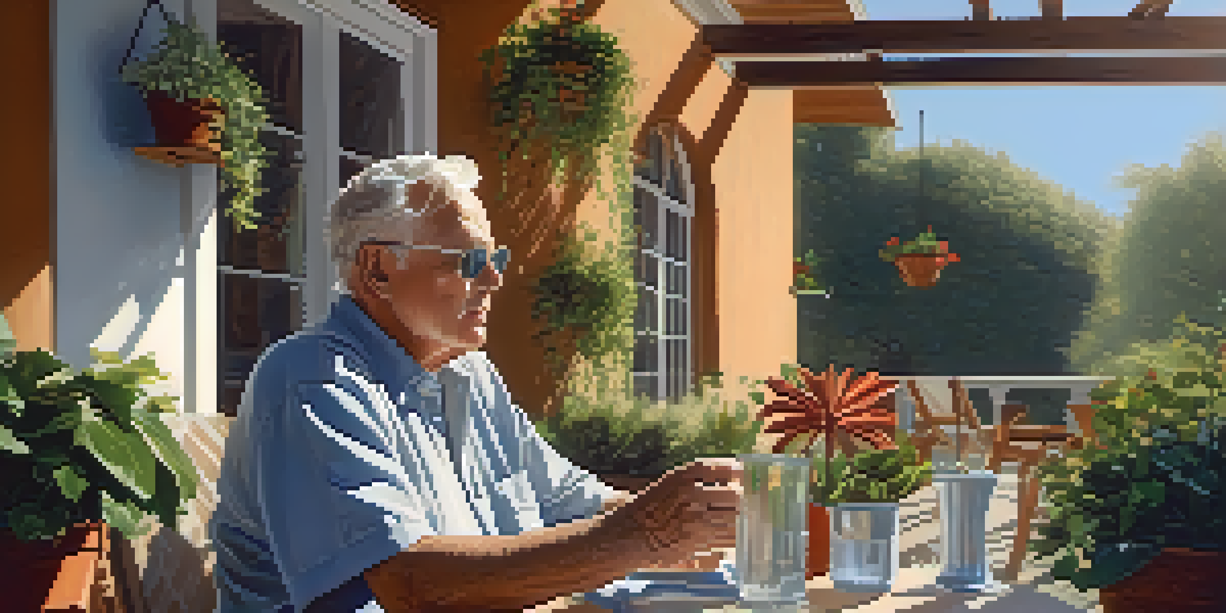 An older adult enjoying a drink on a sunny patio surrounded by colorful plants.
