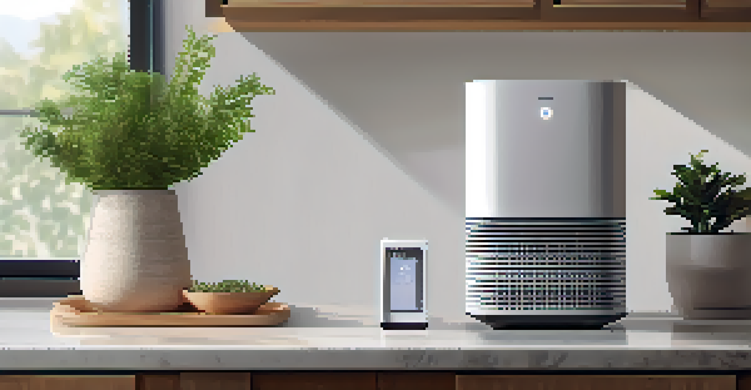 An air purifier in a modern kitchen, with herbs on the windowsill and sunlight streaming through the window.