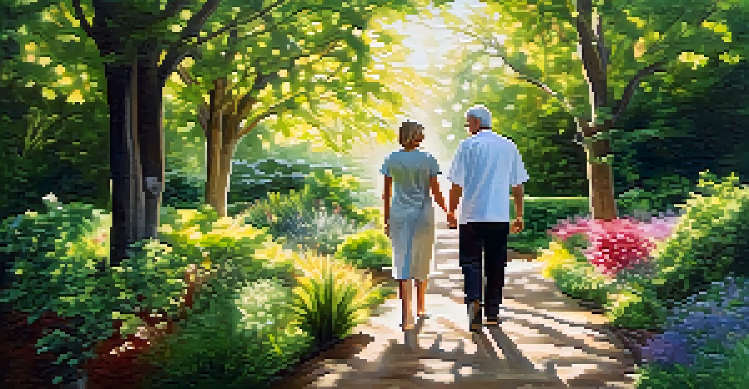 A naturopathic practitioner and patient walking in a lush garden, discussing health in a peaceful atmosphere.