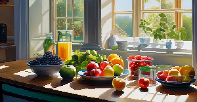 A cozy kitchen with a wooden table displaying a variety of colorful fruits and vegetables under soft sunlight.