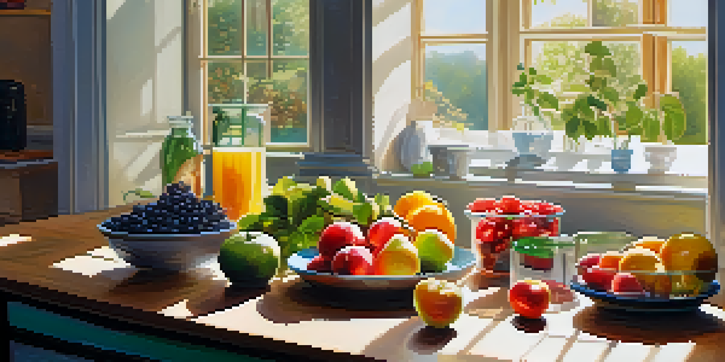 A cozy kitchen with a wooden table displaying a variety of colorful fruits and vegetables under soft sunlight.