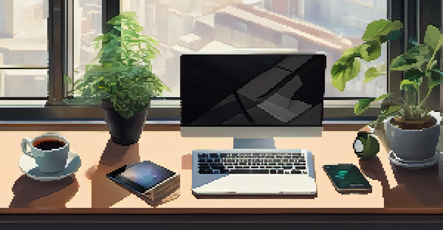 A modern workspace with a laptop, fitness tracker, and herbal tea, illuminated by natural light, showcasing a blend of technology and wellness.