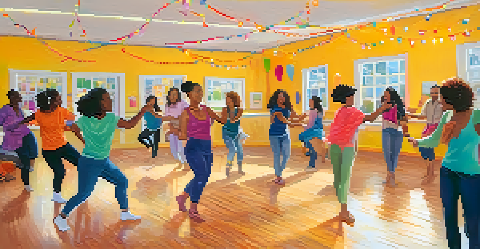 A group of people participating in a lively dance therapy session in a colorful room, expressing joy through movement.