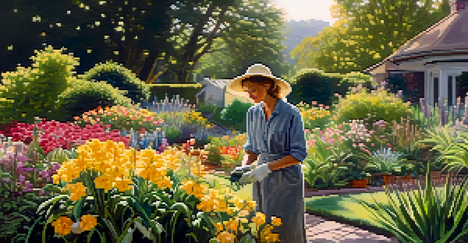 A person gardening in a colorful flower-filled garden under the sunlight.