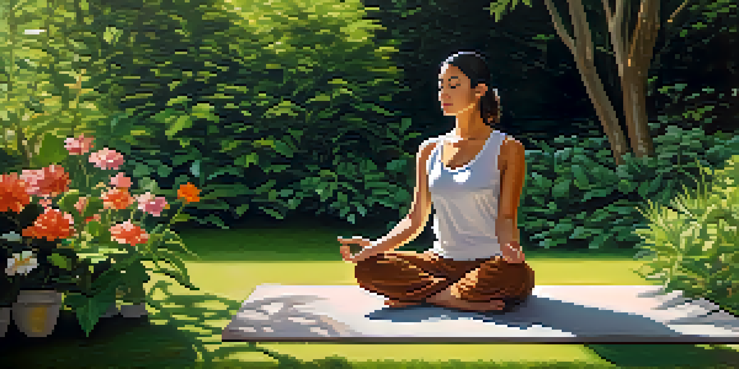 A person practicing mindfulness outdoors, surrounded by greenery and flowers, with sunlight filtering through the leaves.