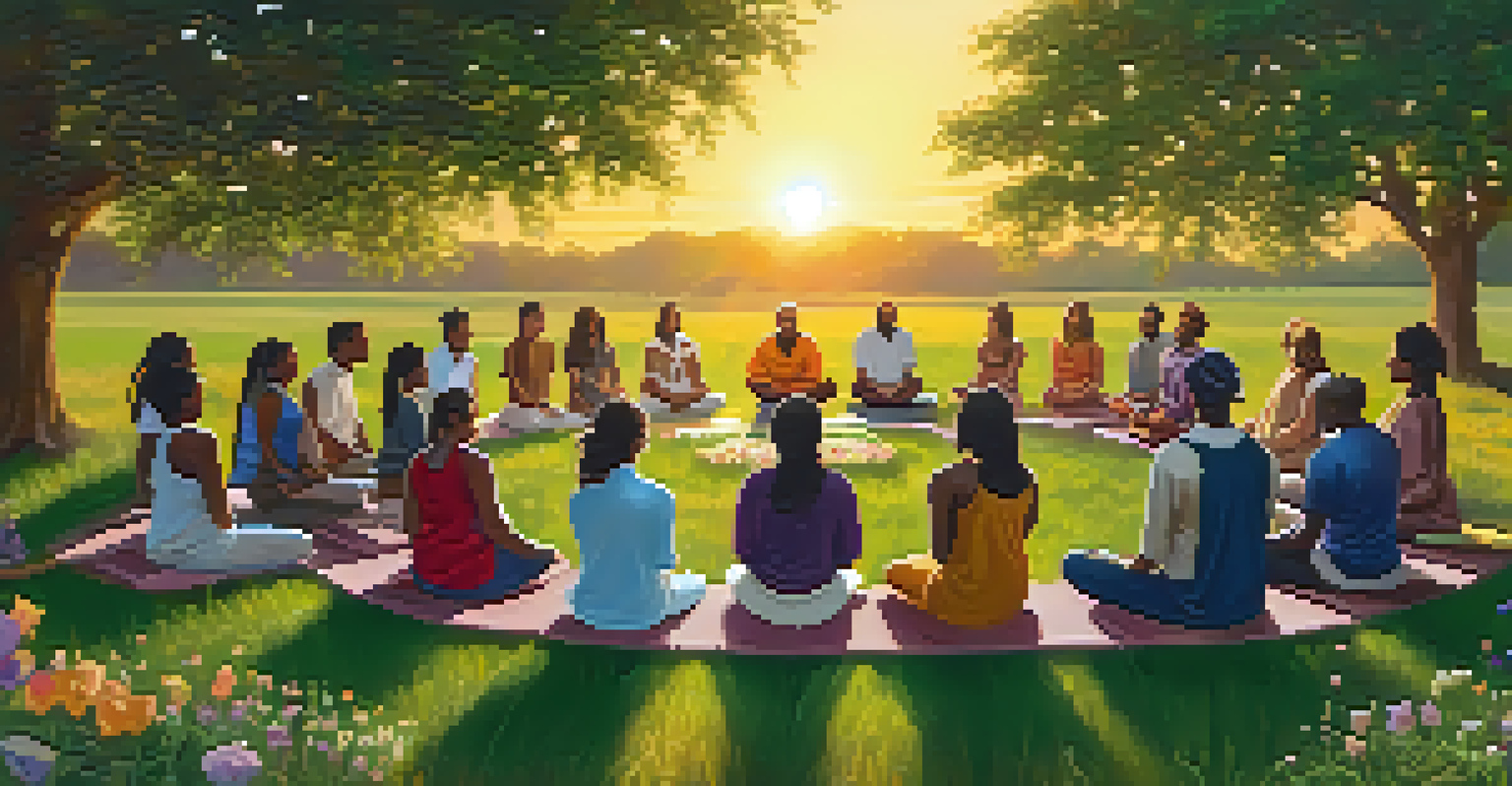 A diverse group of individuals seated in a circle for meditation in a grassy meadow, surrounded by trees and flowers, with a sunset in the background.
