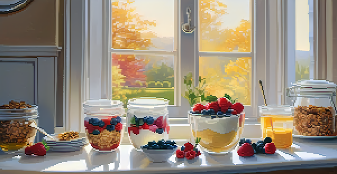 A bright kitchen with a wooden table featuring a yogurt parfait topped with berries and granola, illuminated by sunlight coming through the window.
