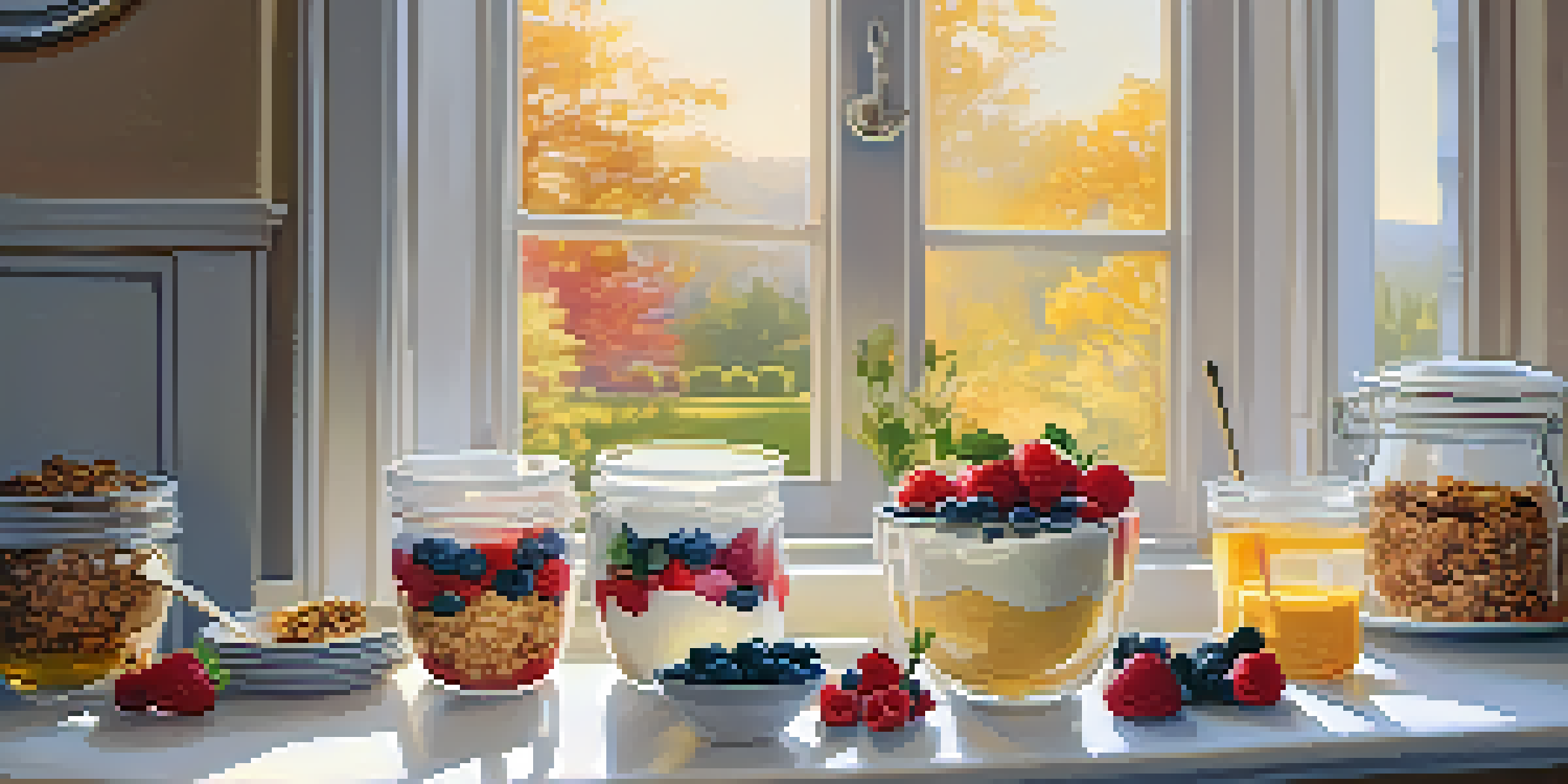 A bright kitchen with a wooden table featuring a yogurt parfait topped with berries and granola, illuminated by sunlight coming through the window.