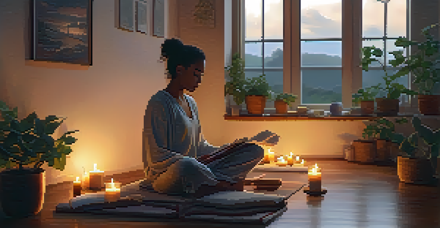 A person meditating on a yoga mat in a softly lit room, surrounded by candles and plants, preparing for sleep.