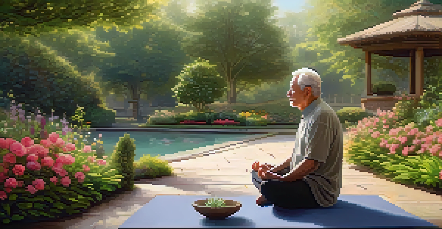 An elderly man doing yoga in a tranquil garden filled with flowers and soft morning light.
