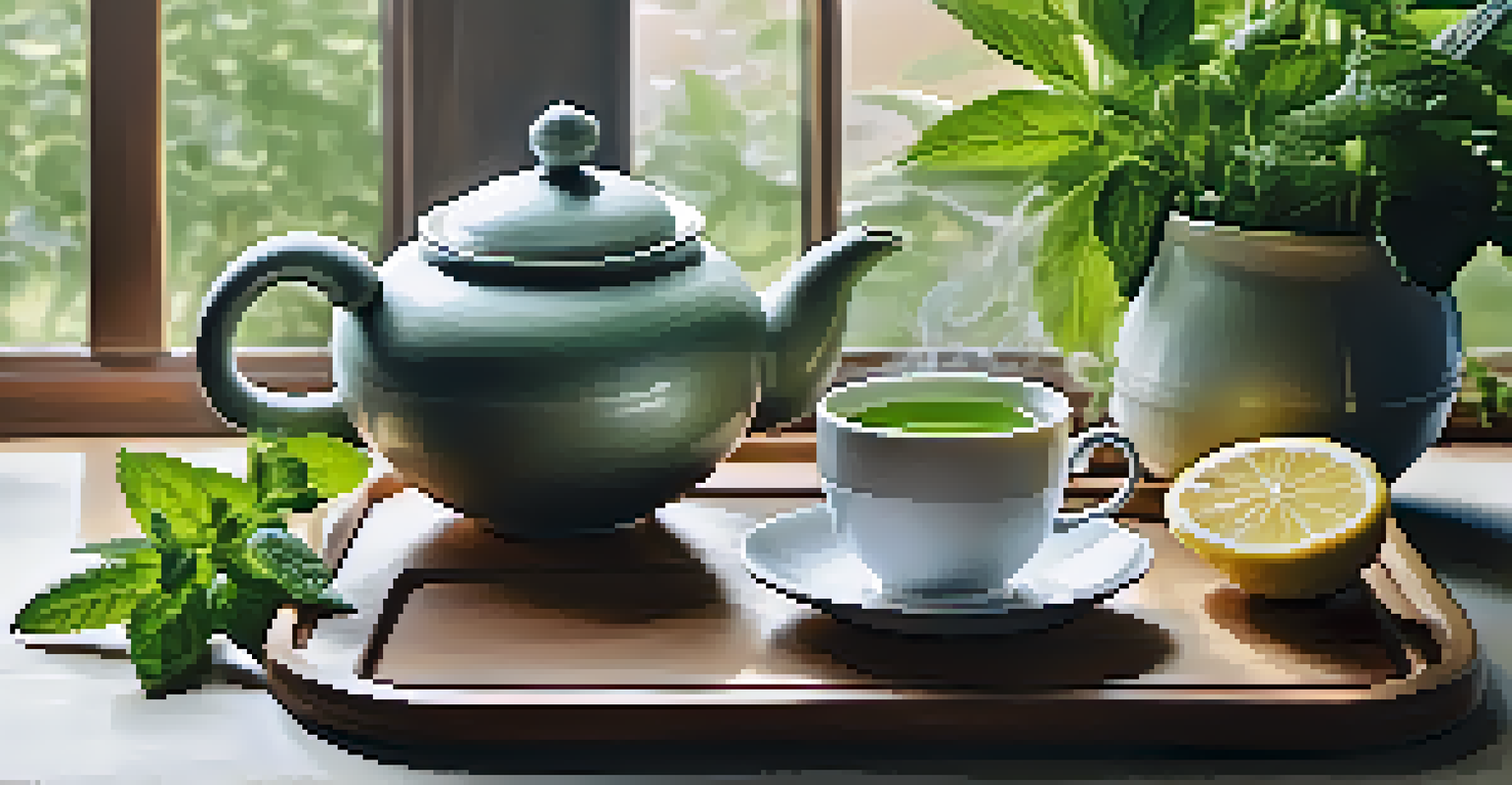 A tranquil tea setup with a steaming cup of green tea, fresh herbs, and a slice of lemon, bathed in natural light.