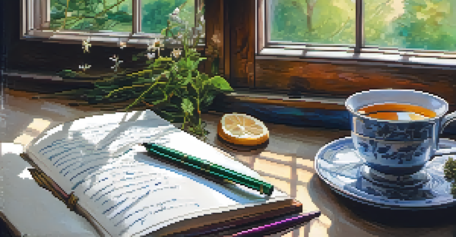 A close-up of a hand writing in a journal, with colorful ink pens and a steaming cup of herbal tea, all set against a natural background.