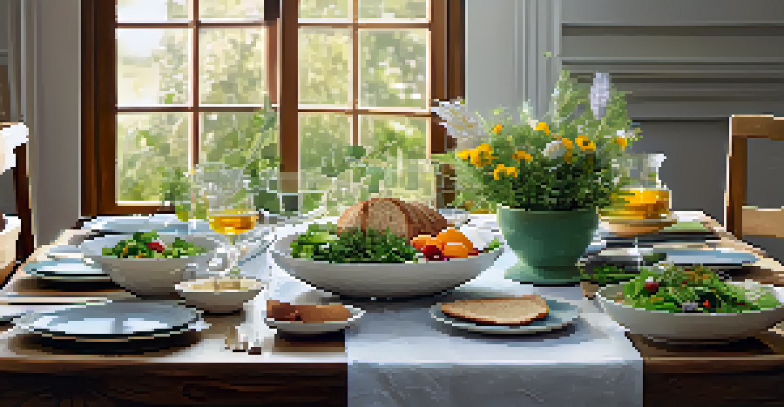 A dining table set with nutritious dishes and herbal tea, illuminated by soft candlelight for a mindful eating experience.