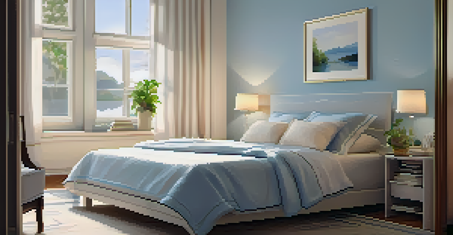 A tranquil bedroom with a neatly made bed, bedside table with books and a plant, and soft warm lighting.