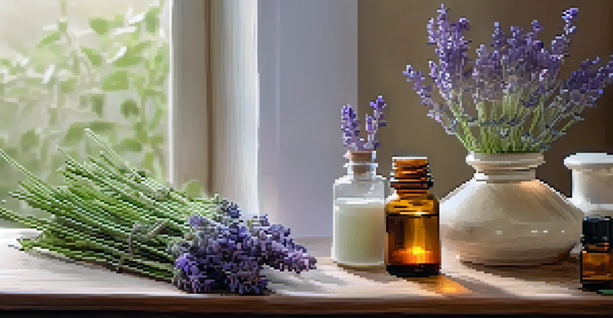 A tranquil scene showcasing essential oil bottles, a diffuser, lavender sprigs, and soft natural light, highlighting a calming aromatherapy environment.