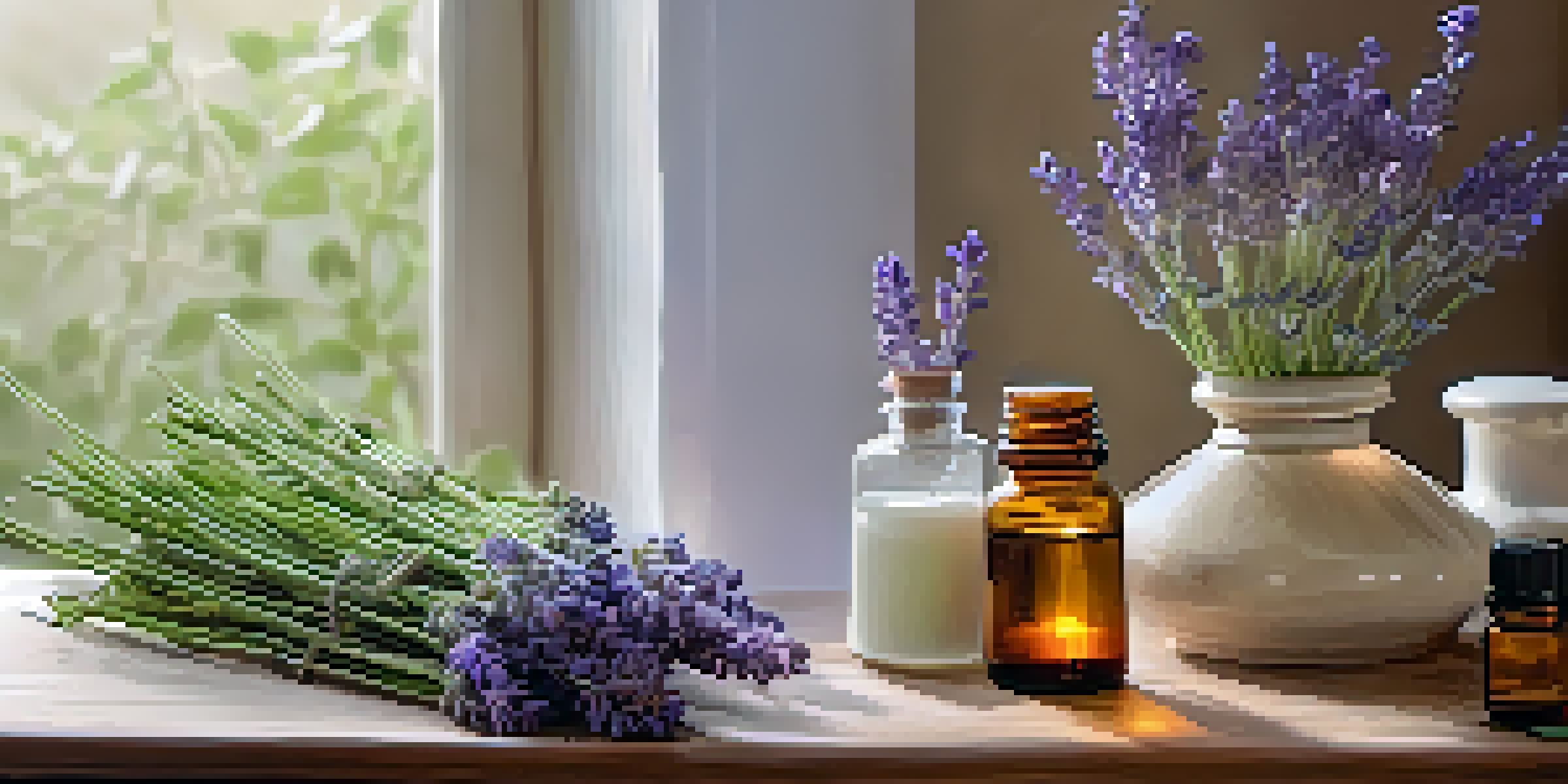 A tranquil scene showcasing essential oil bottles, a diffuser, lavender sprigs, and soft natural light, highlighting a calming aromatherapy environment.