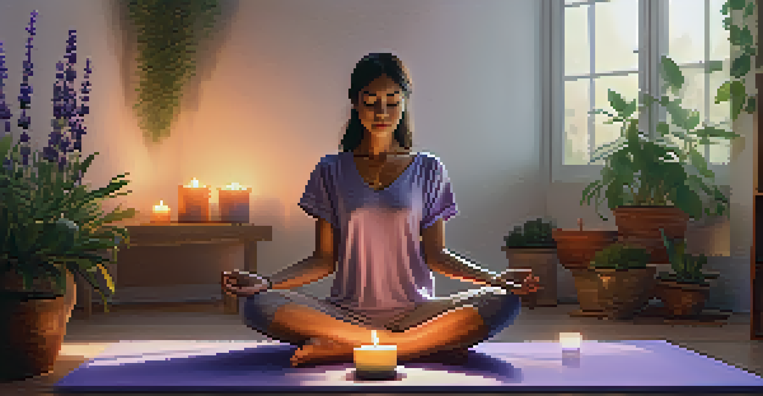 A person meditating on a yoga mat surrounded by essential oils and candles, exuding a sense of calm and tranquility.