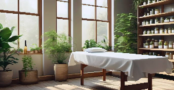 A peaceful naturopathic clinic interior with a wooden treatment table, indoor plants, and shelves of herbal remedies.