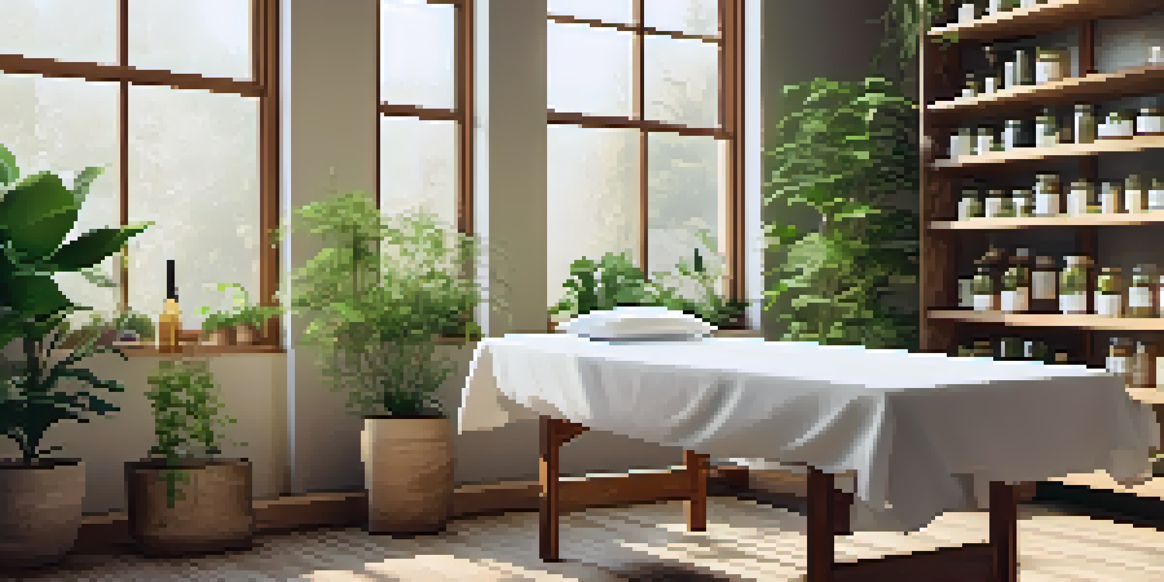 A peaceful naturopathic clinic interior with a wooden treatment table, indoor plants, and shelves of herbal remedies.