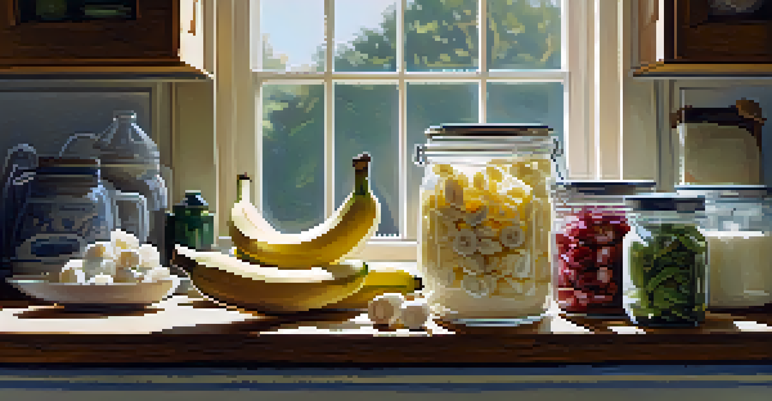 A kitchen countertop displaying jars of probiotics and prebiotics like yogurt and garlic, illuminated by soft morning light.