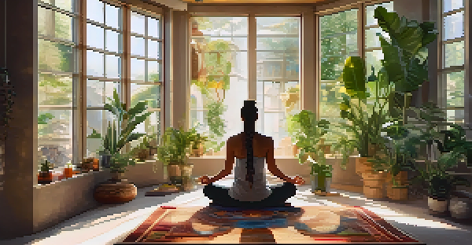 A peaceful meditation space with a person meditating on a rug, surrounded by plants and crystals, with a chakra tapestry on the wall.