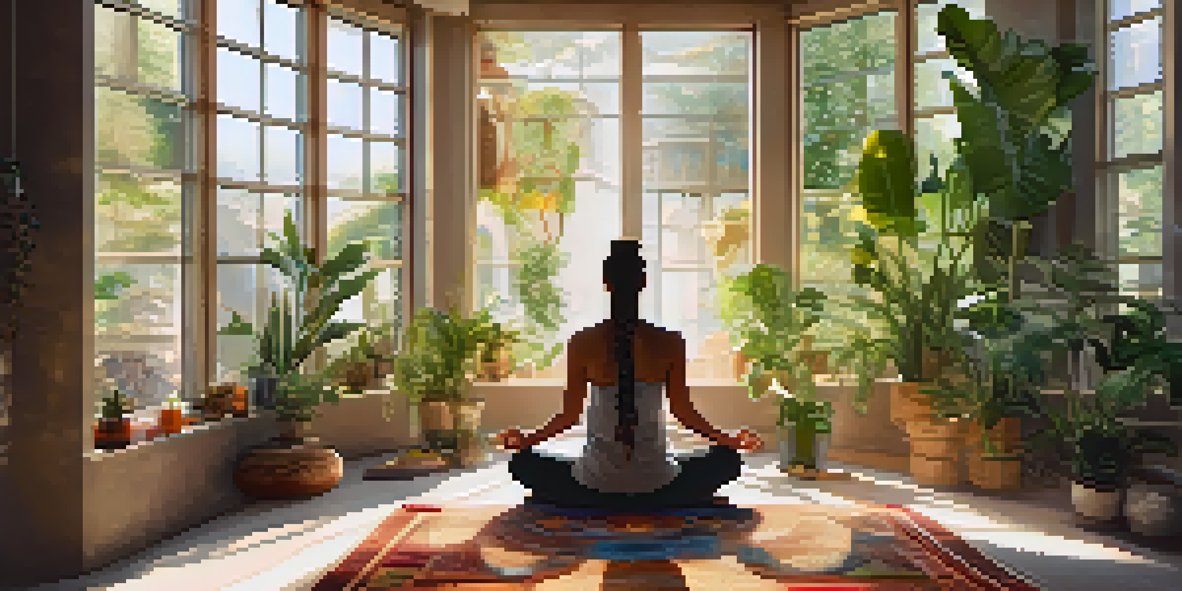 A peaceful meditation space with a person meditating on a rug, surrounded by plants and crystals, with a chakra tapestry on the wall.