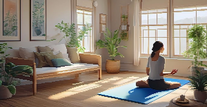 A peaceful clinic setting where a practitioner teaches mindfulness techniques to a patient on a yoga mat, with plants and natural light.
