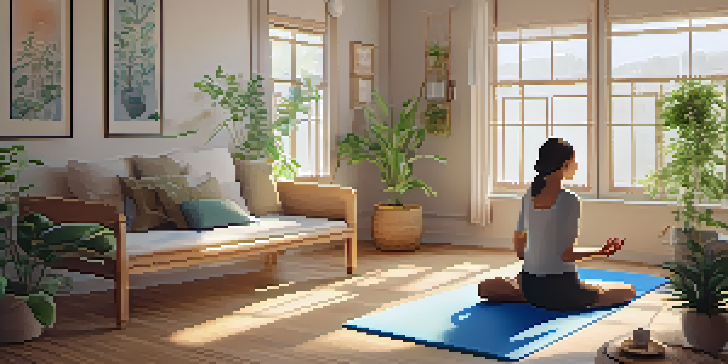 A peaceful clinic setting where a practitioner teaches mindfulness techniques to a patient on a yoga mat, with plants and natural light.