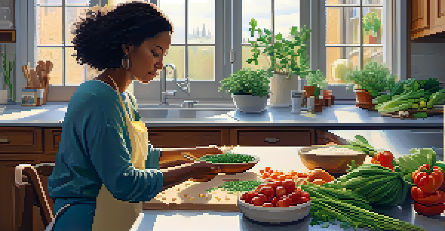 A woman chopping vegetables in a bright kitchen with chickpeas and tofu on the counter, surrounded by potted herbs.