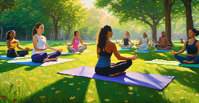 A diverse group of individuals practicing yoga in a lush green park at sunrise, with colorful mats and soft golden light illuminating the scene.