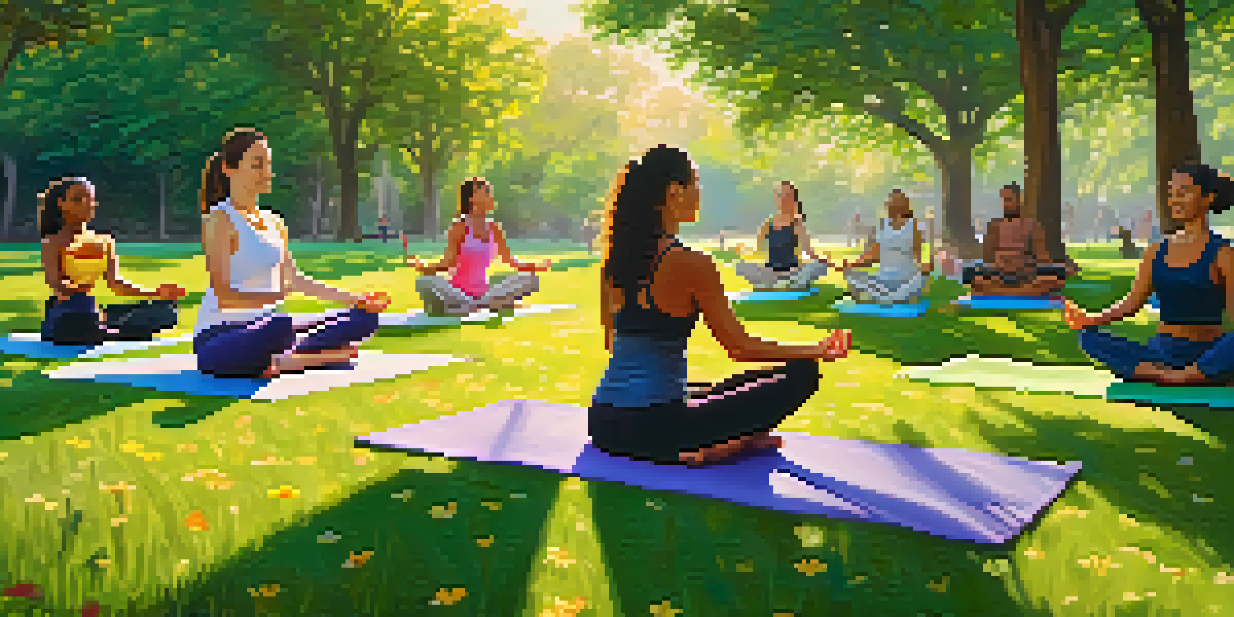 A diverse group of individuals practicing yoga in a lush green park at sunrise, with colorful mats and soft golden light illuminating the scene.