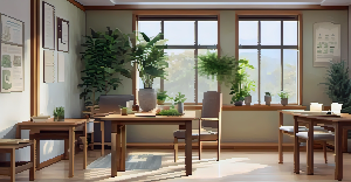 A cozy naturopathic clinic with natural lighting, wooden furniture, and plants, showcasing a consultation area with herbal remedies.