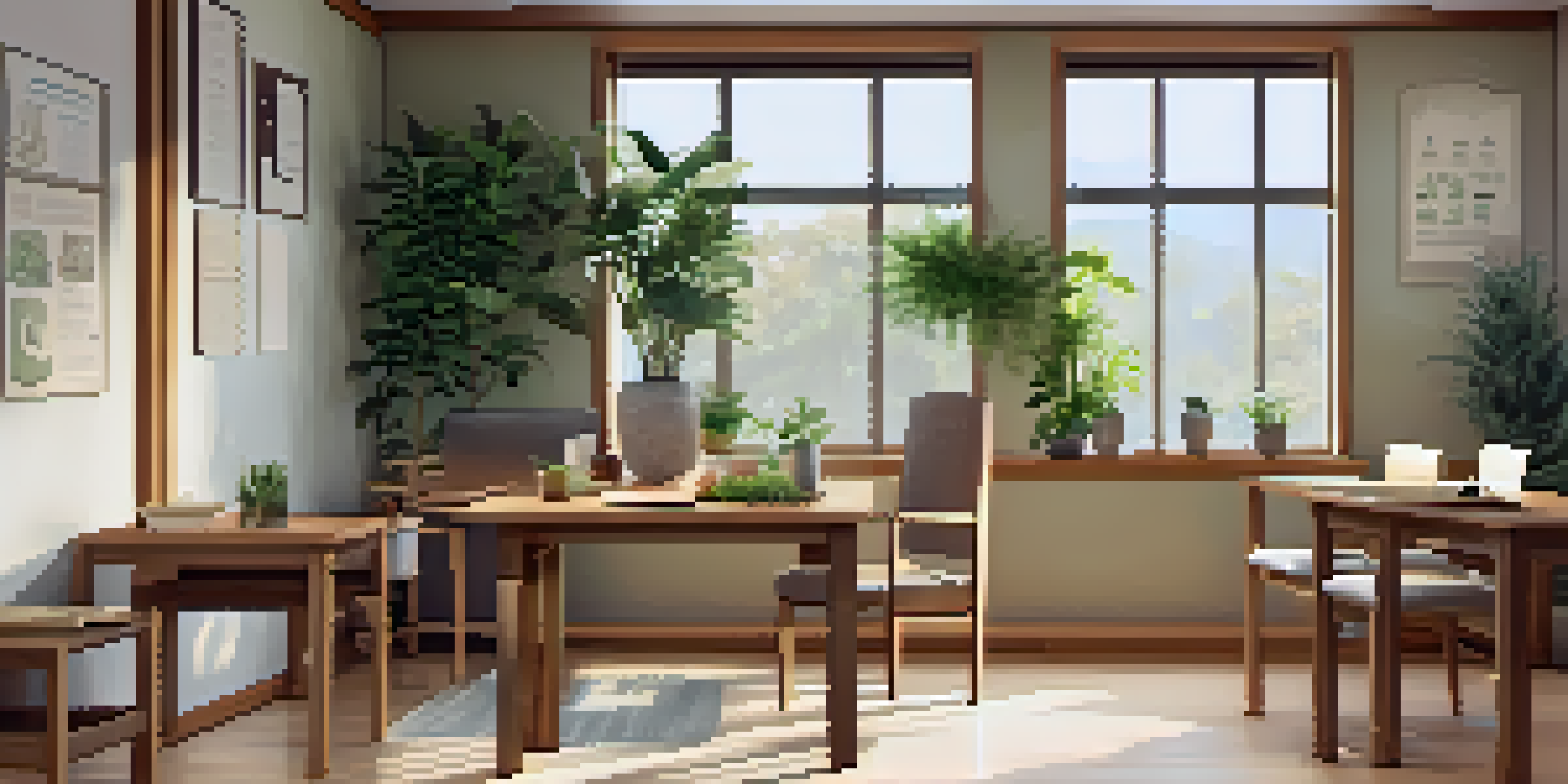 A cozy naturopathic clinic with natural lighting, wooden furniture, and plants, showcasing a consultation area with herbal remedies.