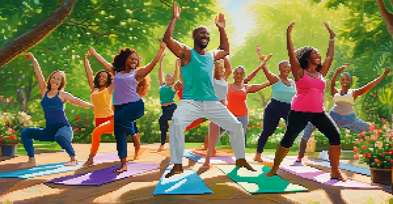 A group of smiling people practicing yoga and dancing in a sunny park surrounded by greenery.