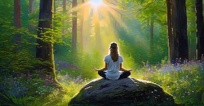 A peaceful person meditating in a sunlit forest, surrounded by lush greenery and colorful flowers.